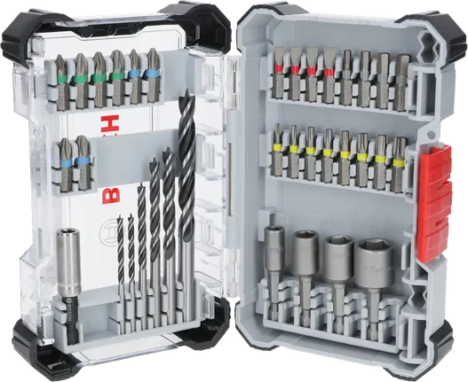 Juego de 35 puntas de destornillador extra duras y brocas para madera PRO de Bosch .